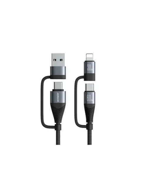 SA37-1T2 Multi-Functional 60W 2 in 1 Fast Charging and Data Transfer Cable, USB-A and Type-C to Lightning and Type-C, 1.2m Length - Black