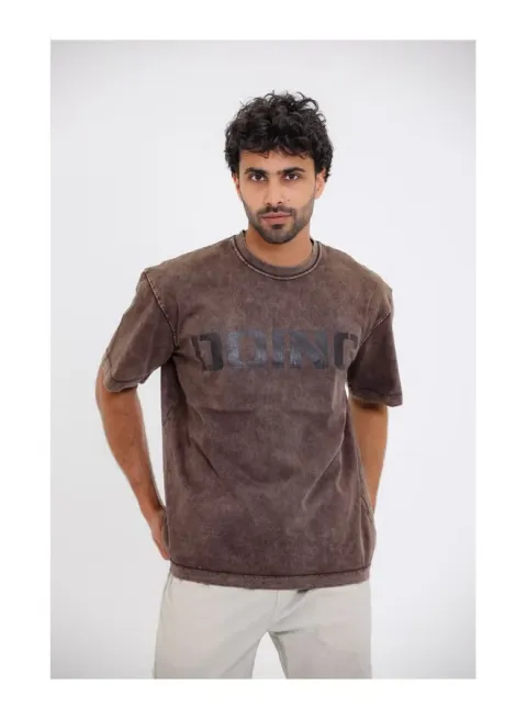 Chest Printed Cotton T-Shirt - Brown