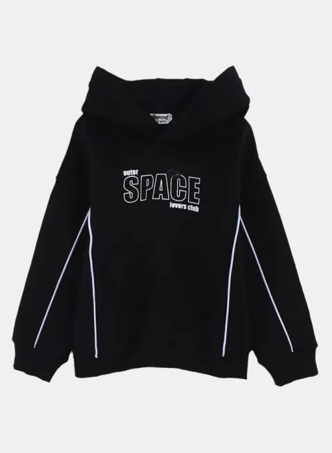 Boys Cotton Hoodie – Black with "Outer Space" Print