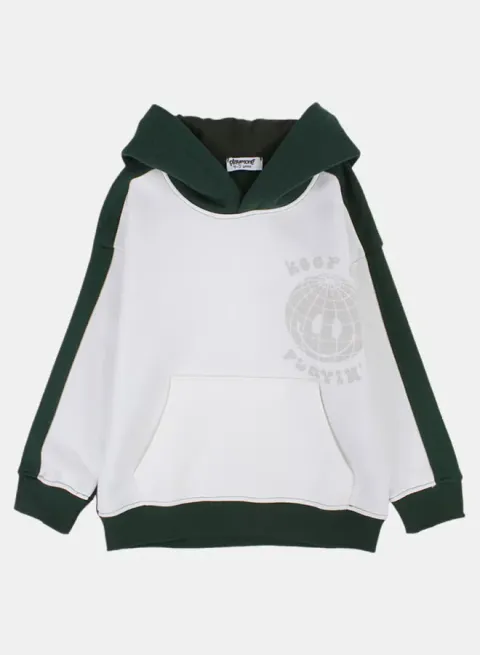 Boys Cotton Hoodie – Off-Wihte & Olive with "Keep on Playing" Print
