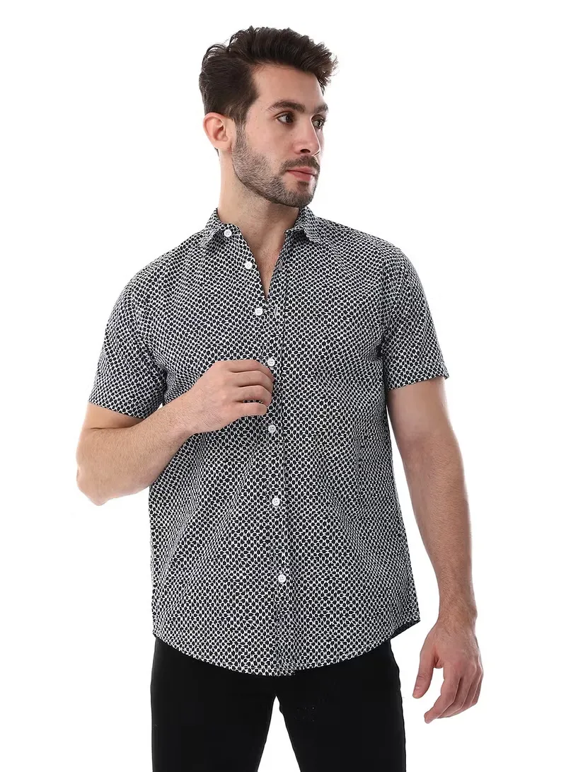 Navy Blue & White Self Pattern Short Sleeves Shirt