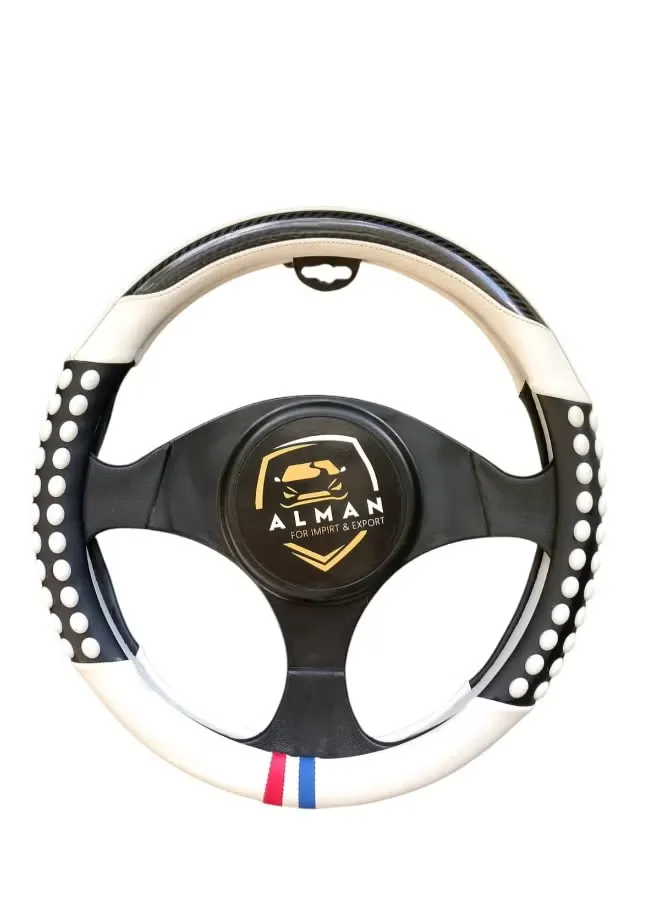 Universal silicone steering wheel cover, distinctive white and black design inspired by motorsports and featuring tricolor stripes (red, white, blue)