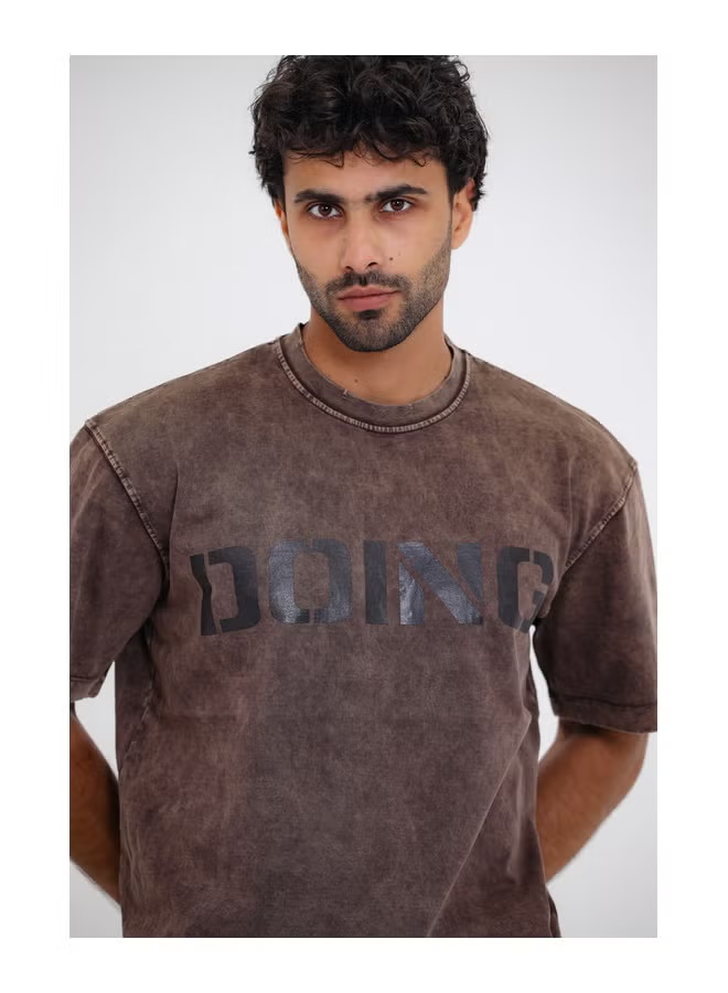 Chest Printed Cotton T-Shirt - Brown